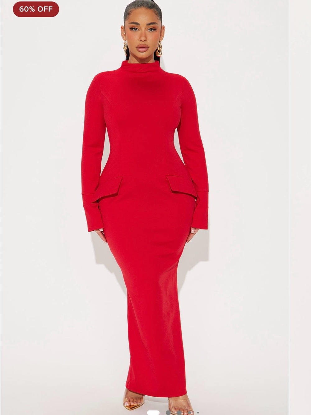 Fashion Nova Red Long Sleeve Mock Neck Maxi Dress